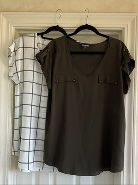 Three piece Express Olive Tie-Waist Pleated Chinos, plus 2 tops